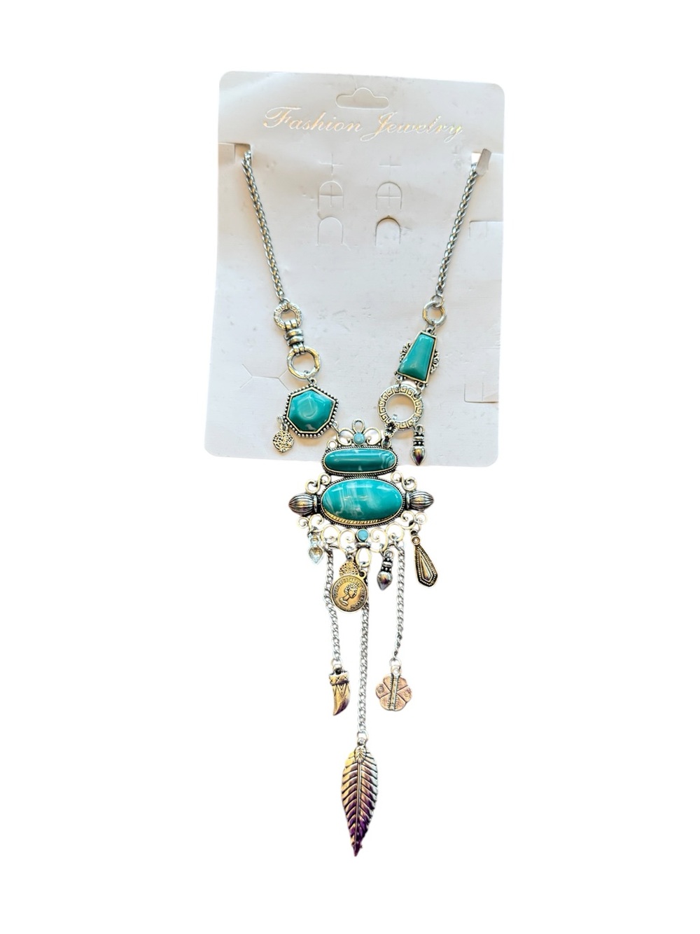 NWT Boho Turquoise Statement Necklace Chunky Silver Tone Western Festival